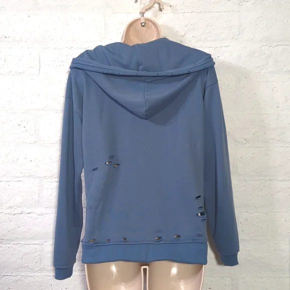 🚨 3/$15!! Distressed/Torn Blue Zip Up Hoodie - Picture 4 of 10
